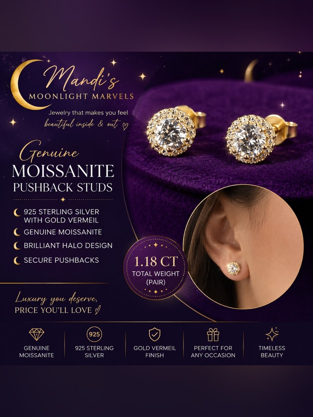 Gold Moissanite Halo Stud Earrings - Gold
